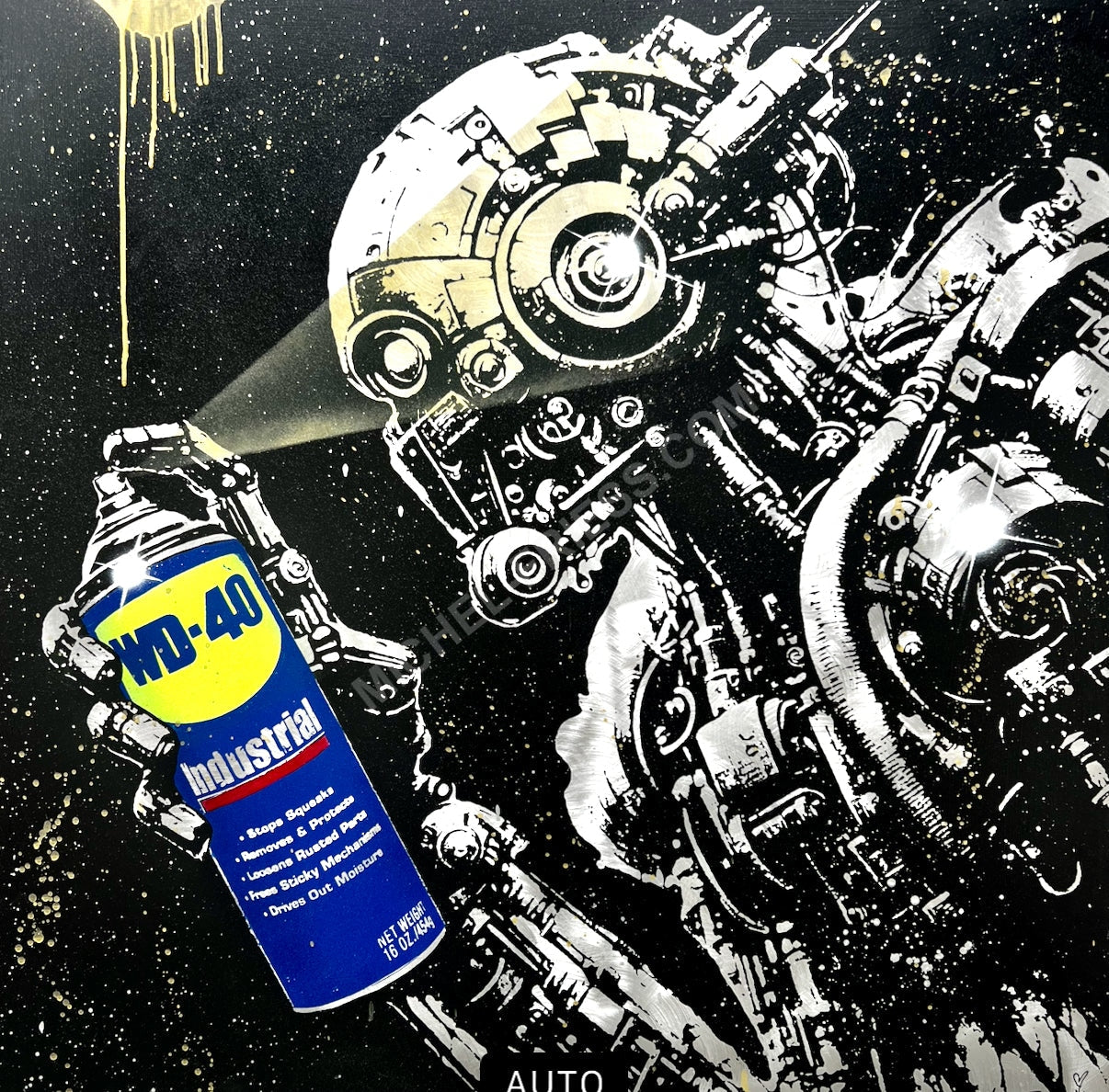 ROBOT WD40, Unikat auf 90x90cm handgebürsteten Aluminiumblech 2mm