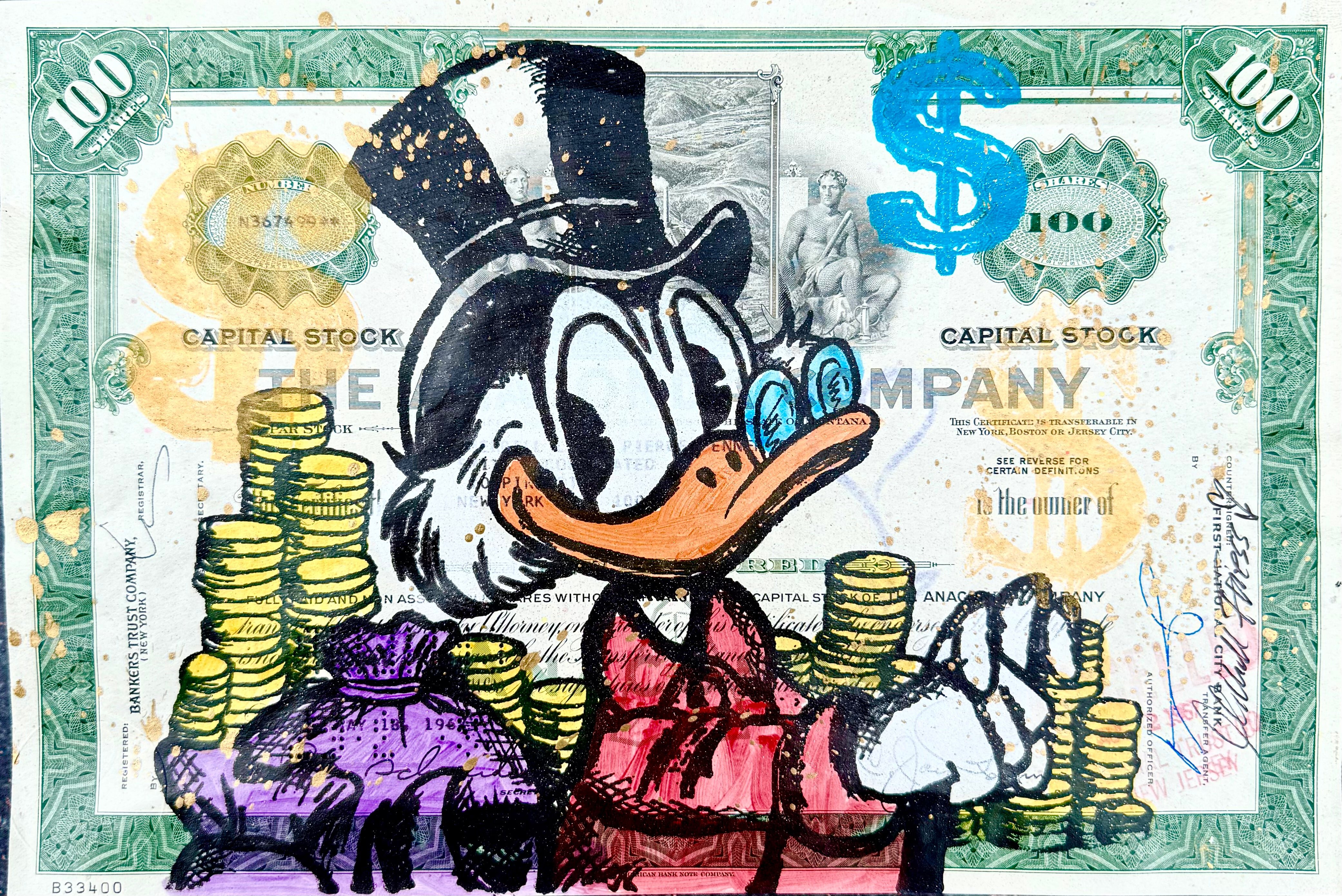 DAGOBERT PORTRAIT, Unikat auf orig. vintage US-Aktie (grün) 30x20cm, ungerahmt