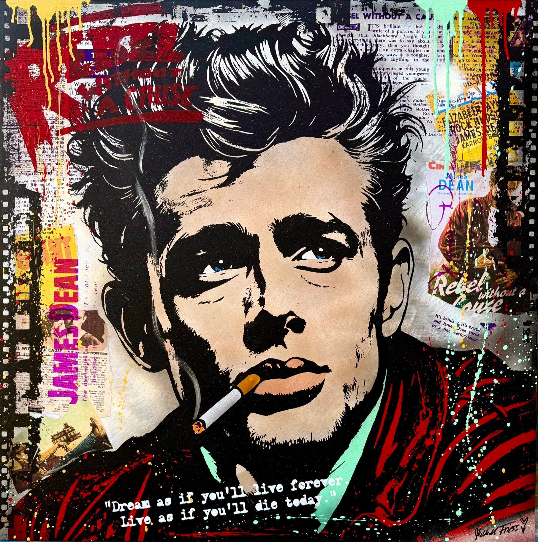 JAMES DEAN REBEL - Unikat 90x90cm auf handgebürstetem Aluminiumblech 2mm