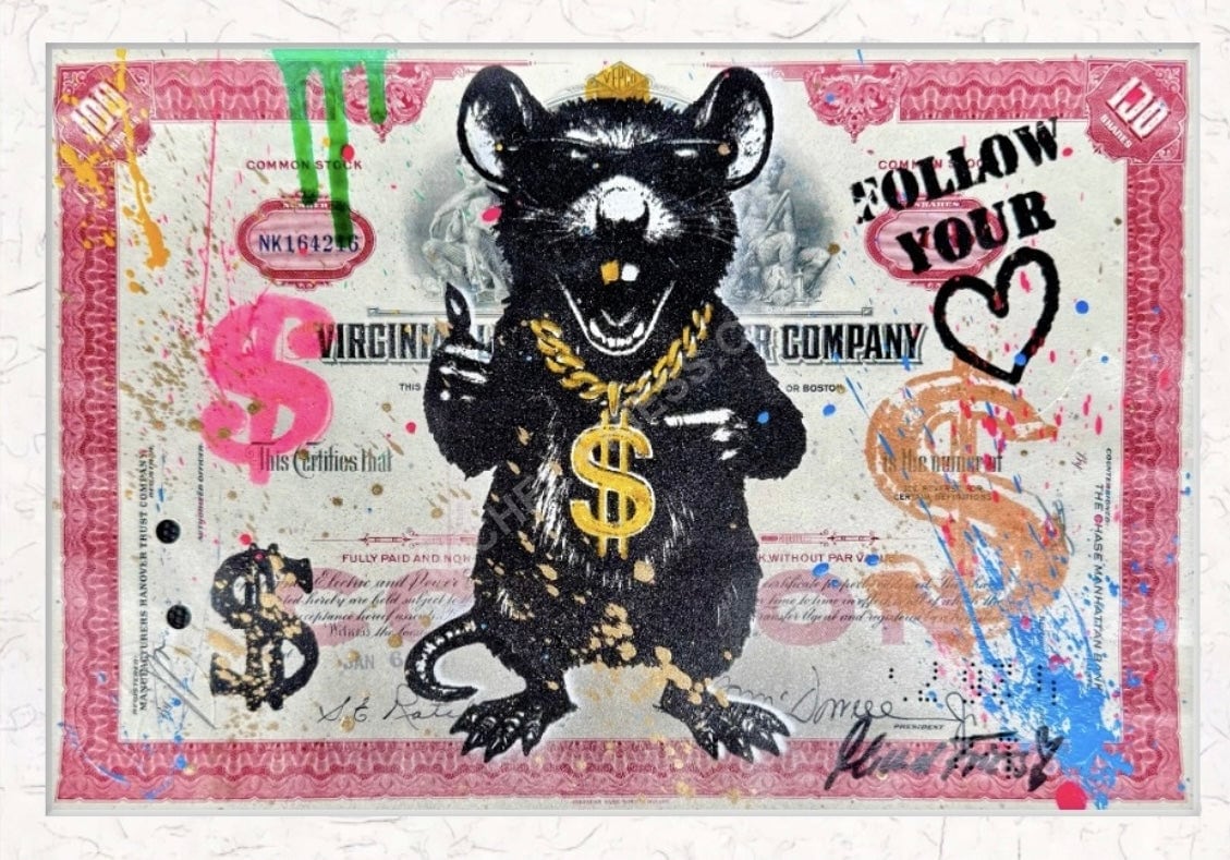 DOLLAR RAT red, Unikat auf orig. vintage USA🇺🇸 Aktie, ca. 30x20cm (ungerahmt)