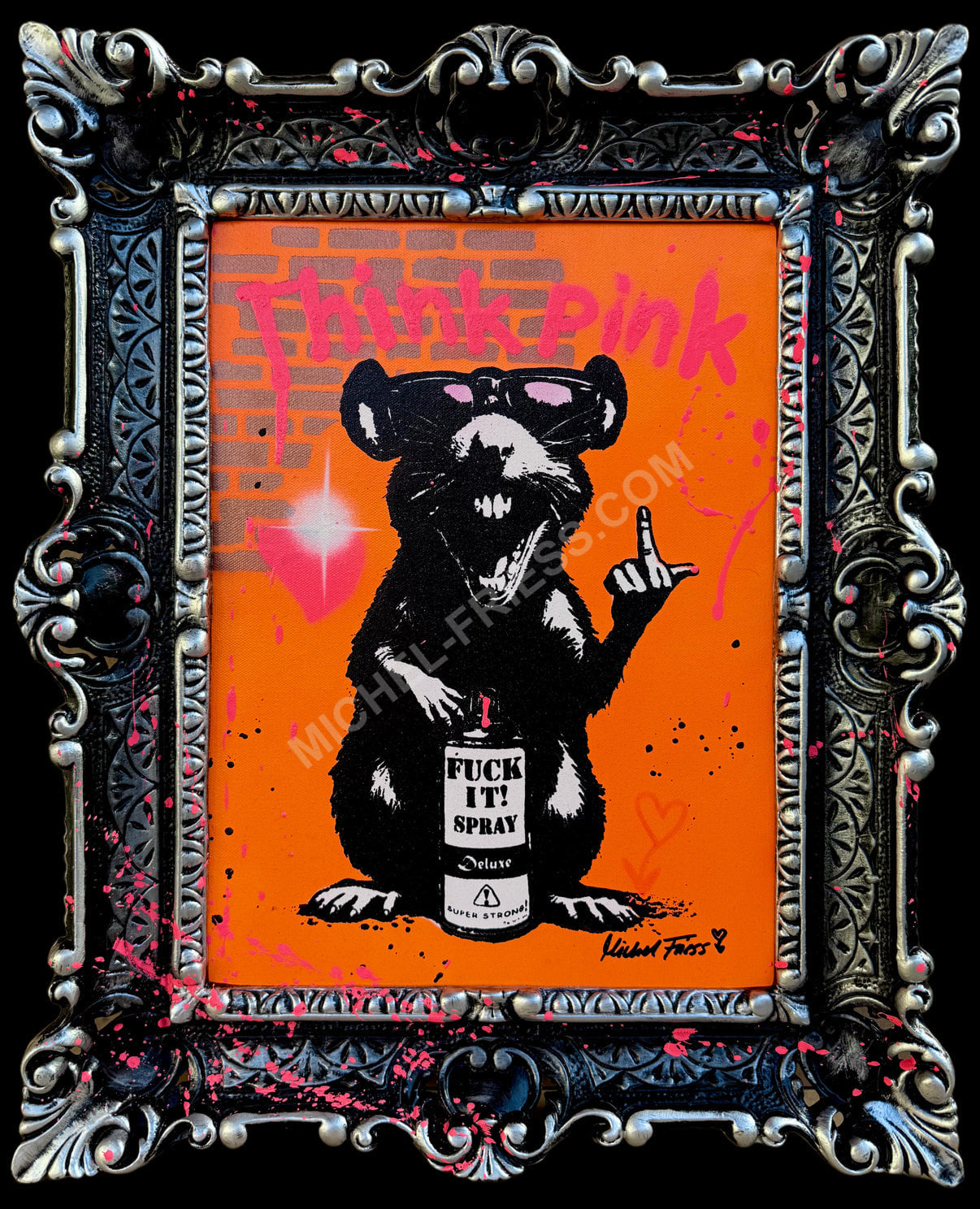 FUCK IT RAT BAROCK (neonorange) - Unikat auf 40x30 Leinwand im Barockrahmen