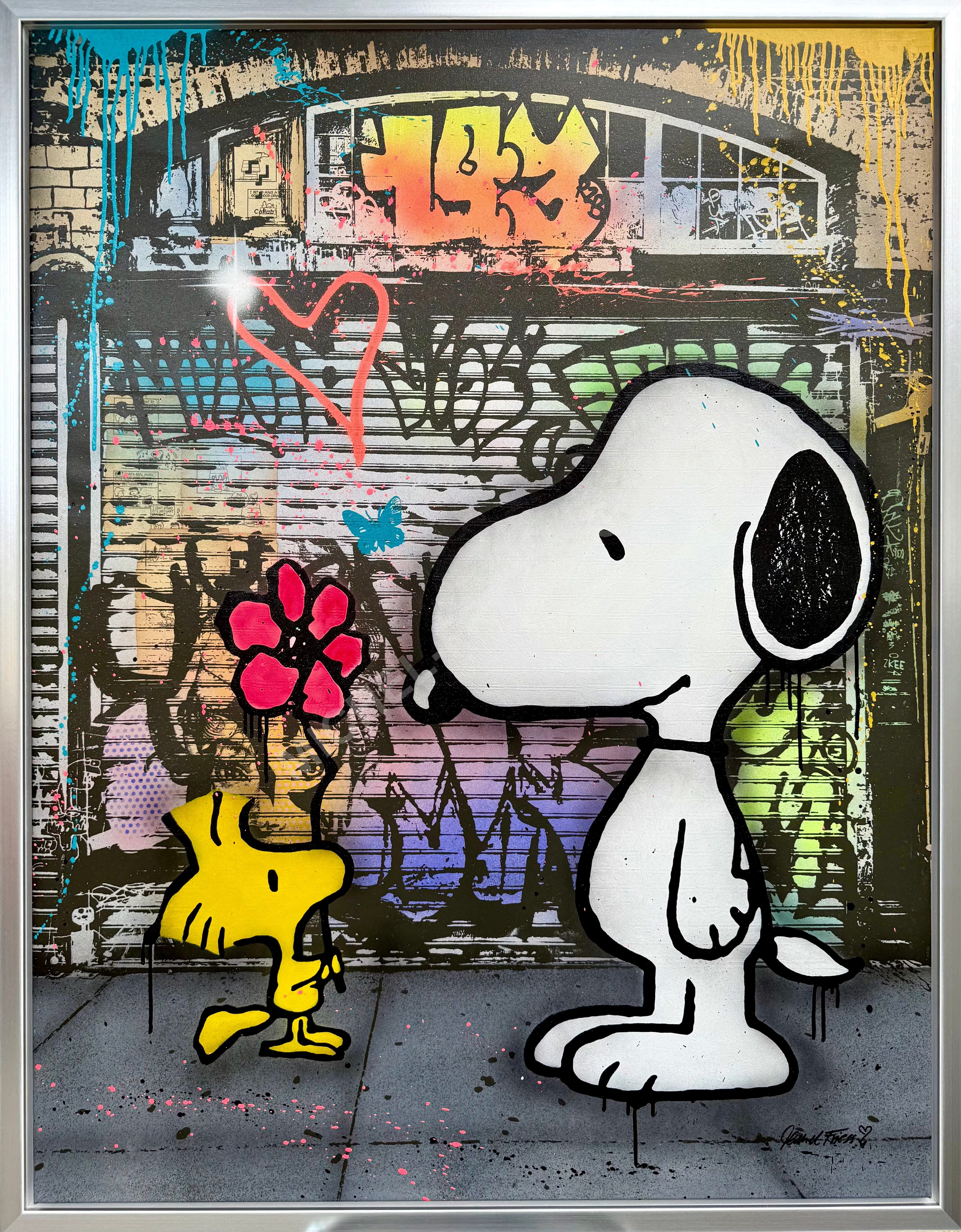 SNOOPY AND WOODSTOCK FLOWER - grosses Unikat 130x100cm auf Museumsleinwand 4cm, aufwendig gerahmt