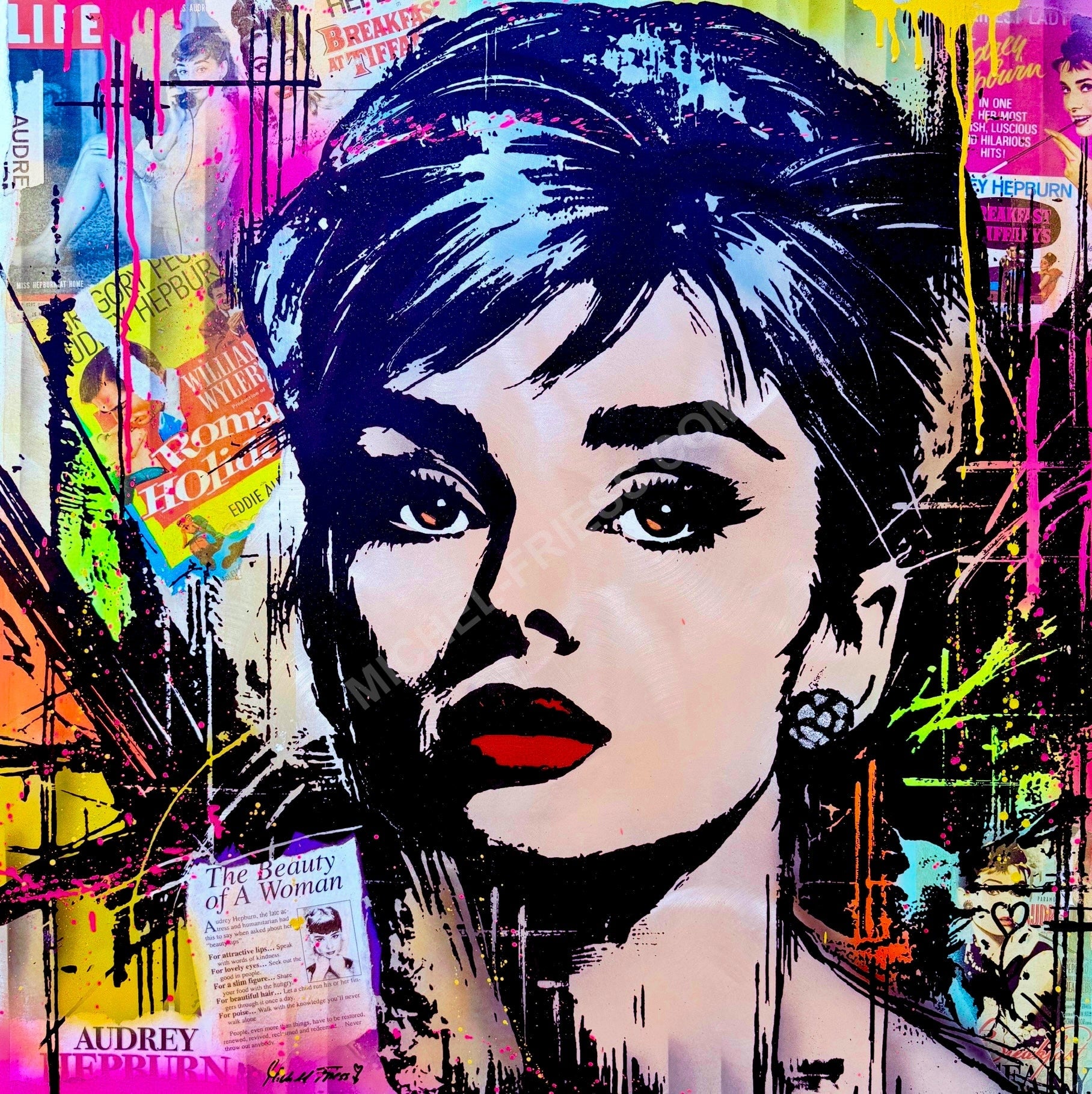 AUDREY POP, Unikat 90x90cm auf handgebürstetem 2mm Aluminiumblech.