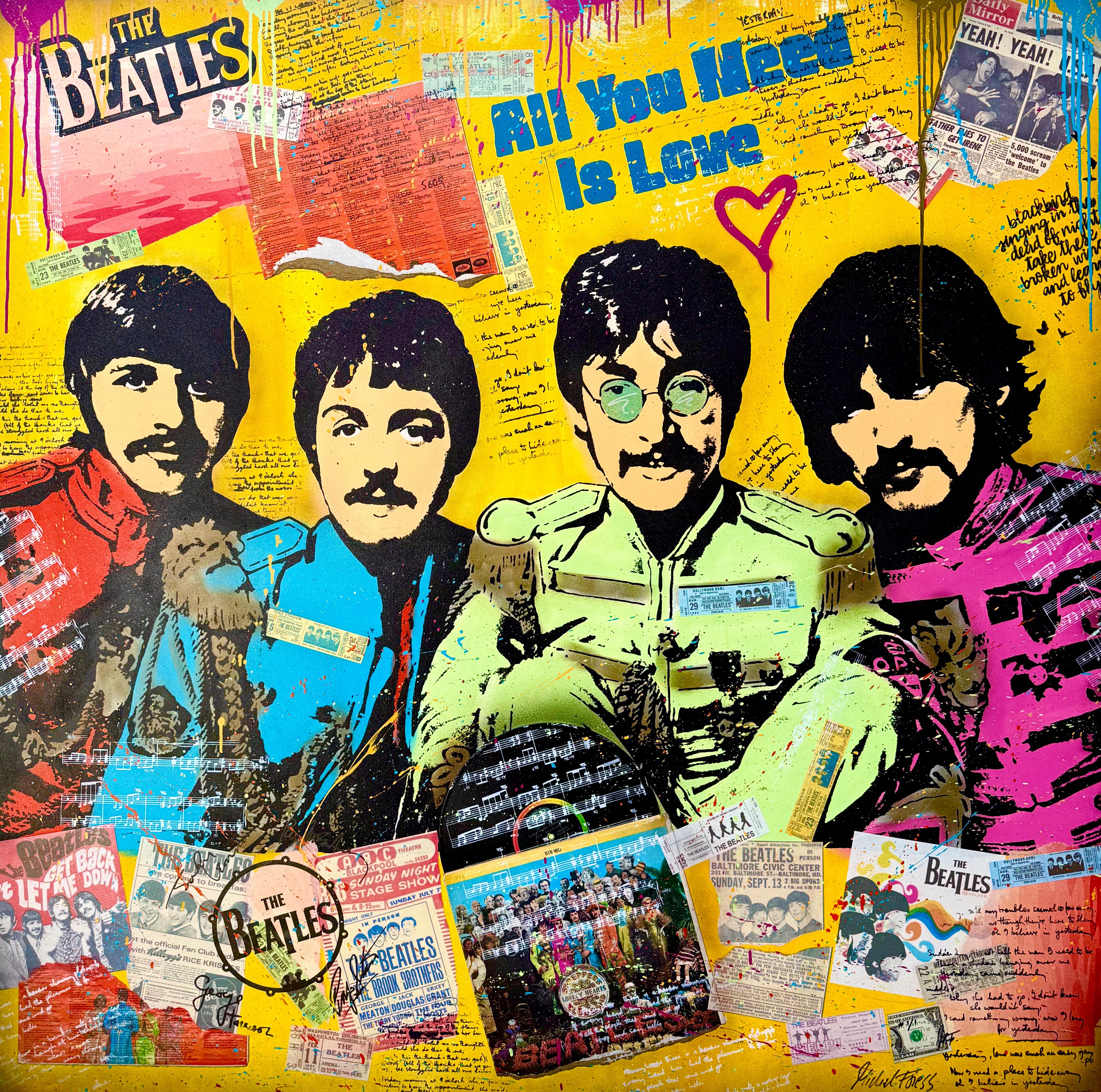 BEATLES - ALL YOU NEED IS LOVE 💜 Grosses, sehr aufwendiges Unikat 150x150cm auf Museumsleinwand, mit originaler, eingearbeiteter Vinyl-Schallplatte